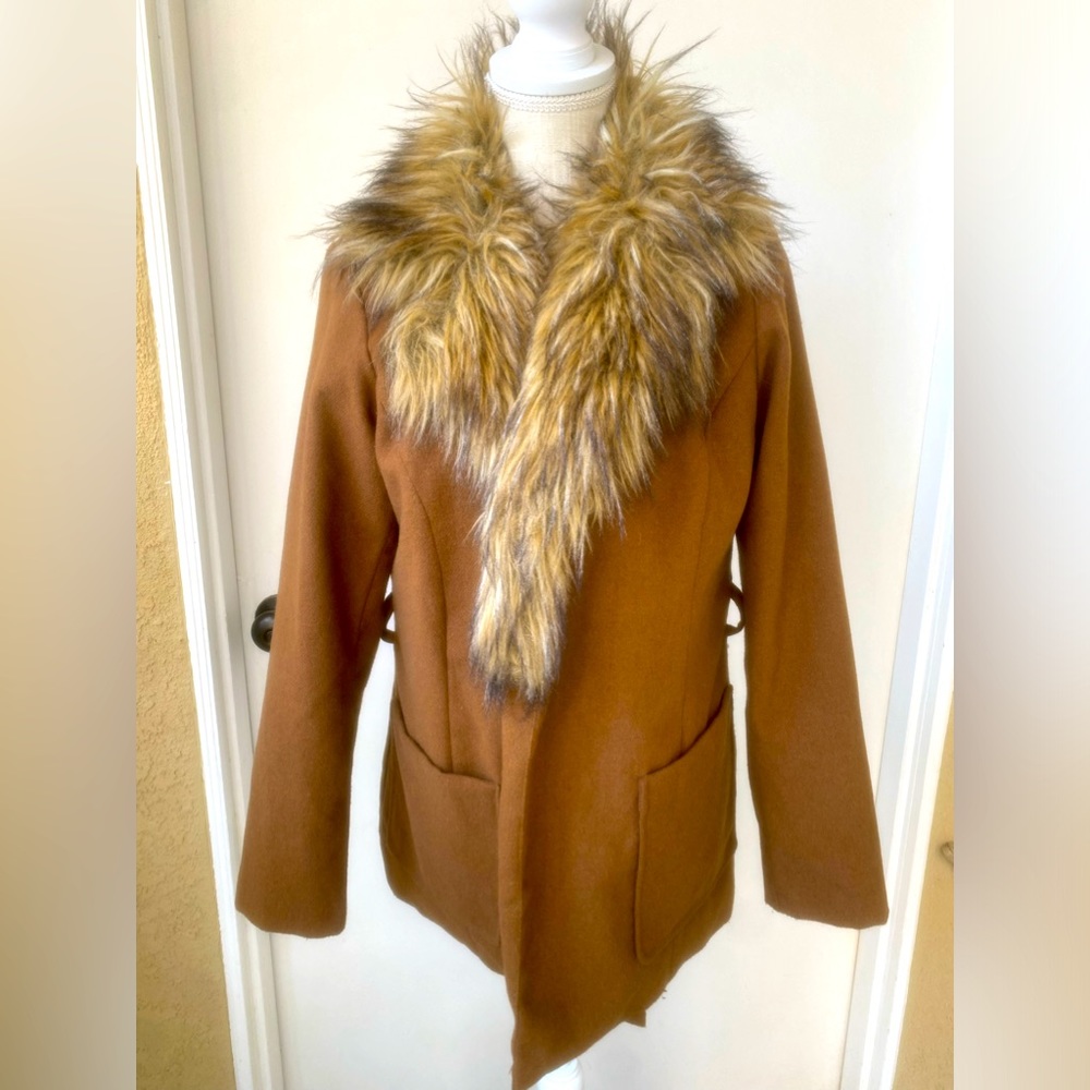 vintage penny lane coat brown felt & faux fur collar satin lined pockets sz. m